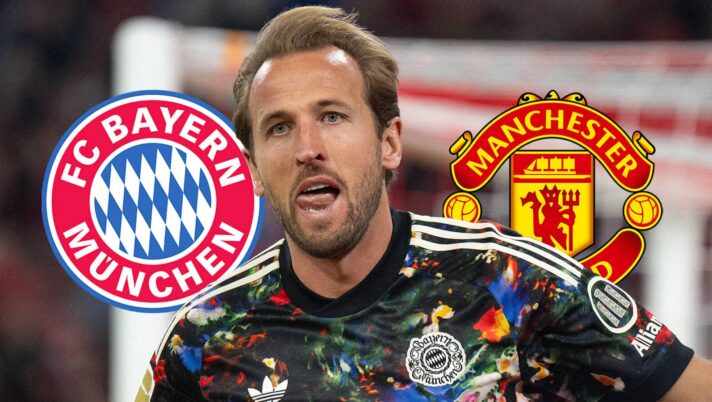 Bayern Munich striker Harry Kane next to the club's badge and the Manchester United badge