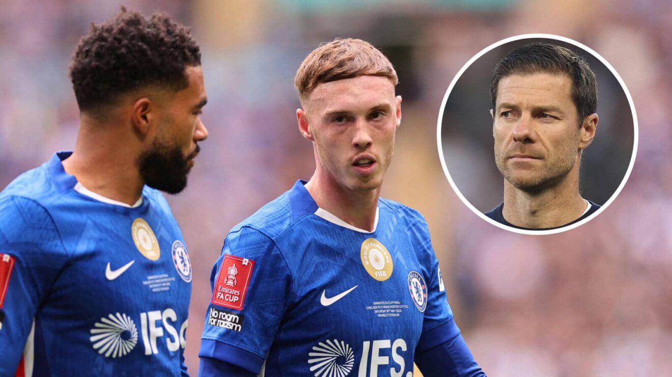 Chelsea stars Reece James and Cole Palmer alongside Xabi Alonso, inset