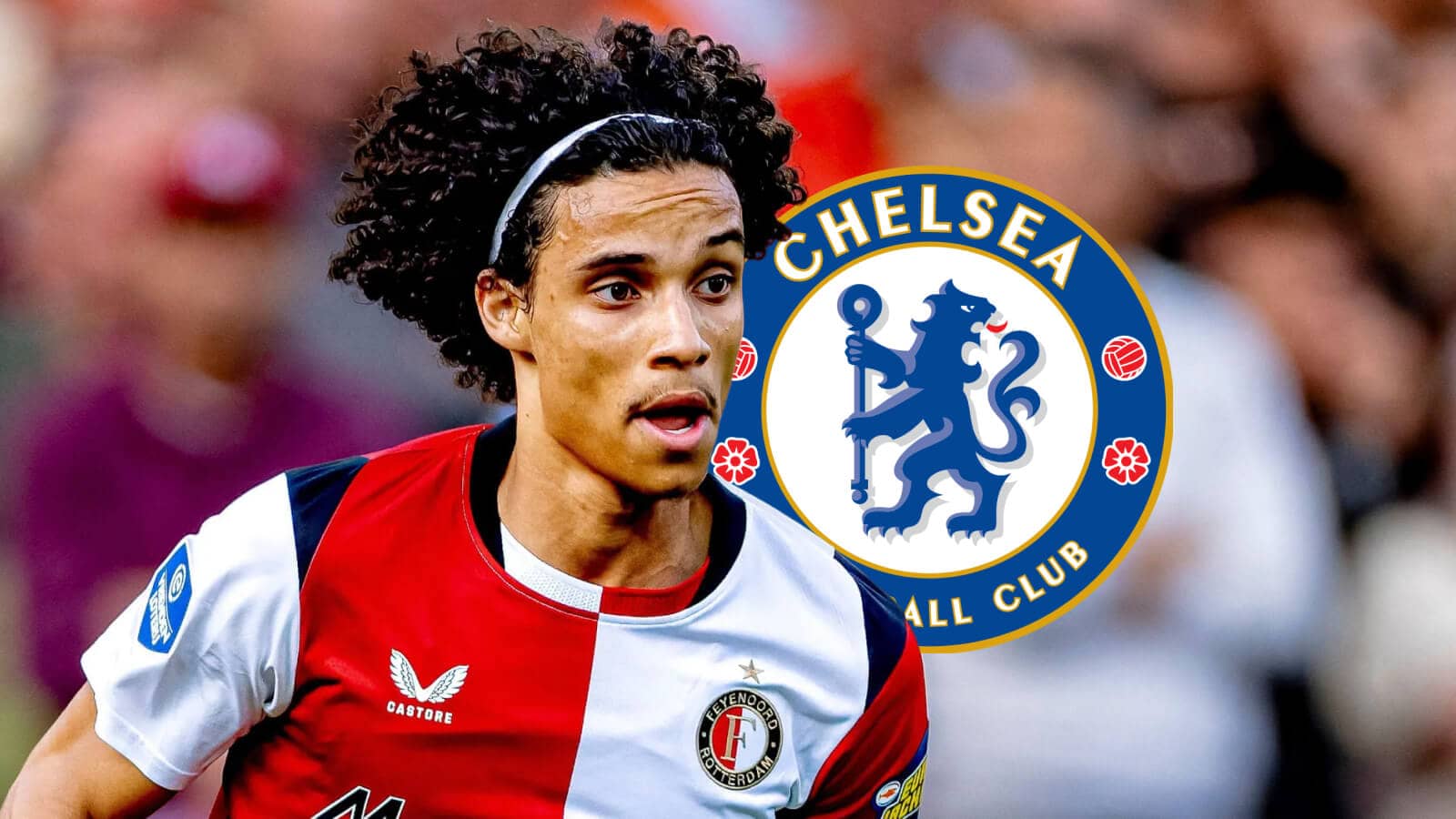 Feyenoord star Gjivai Zechiel with a Chelsea badge