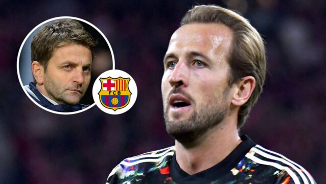 Harry Kane and Tim Sherwood with a Barcelona badge