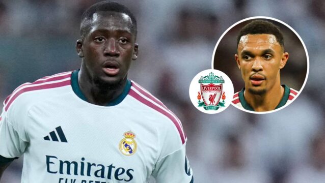 Liverpool defender Ibrahima Konte, Liverpool badge and Trent Alexander-Arnold - copyright TEAMtalk