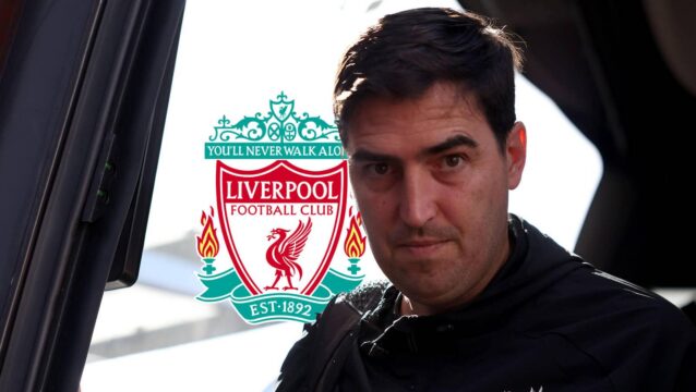 Liverpool boss Andoni Iraola steps off the club's coach and is pictured next to the club badge