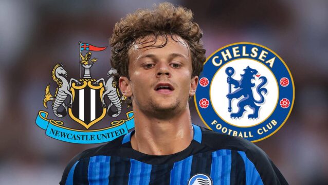 Atalanta defender Giorgio Scalvini in the middle of Newcastle United and Chelsea badges