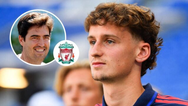 Liverpool manager Andoni Iraola, inset and next to the club badge and Tyler Morton in Lyon training kit