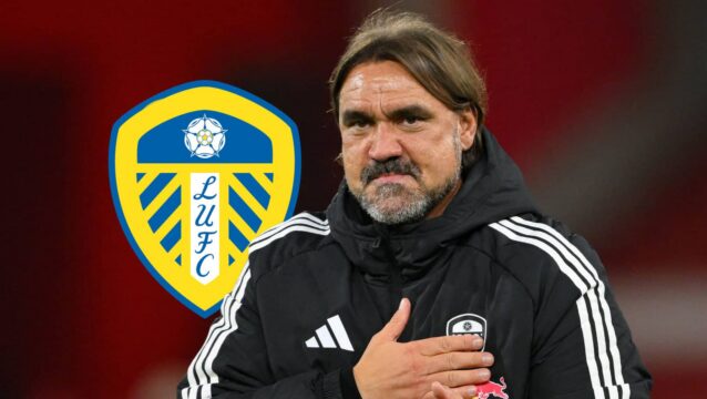 Leeds United manager Daniel Farke next to the club badge