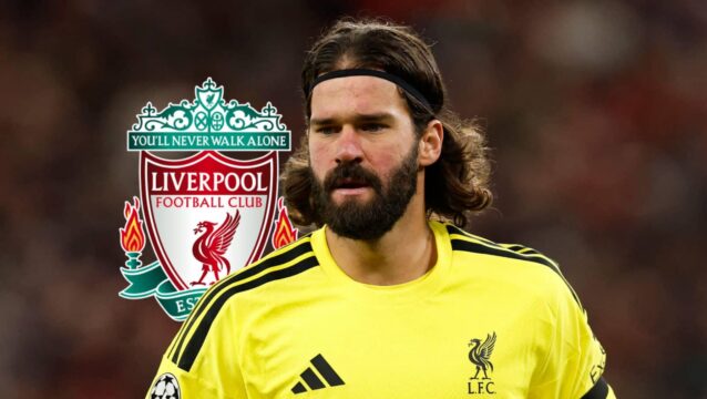 Alisson with Liverpool badge