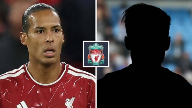Split image of Liverpool defender Virgil van Dijk and a shadow, with the Liverpool badge in between - copyright TEAMtalk