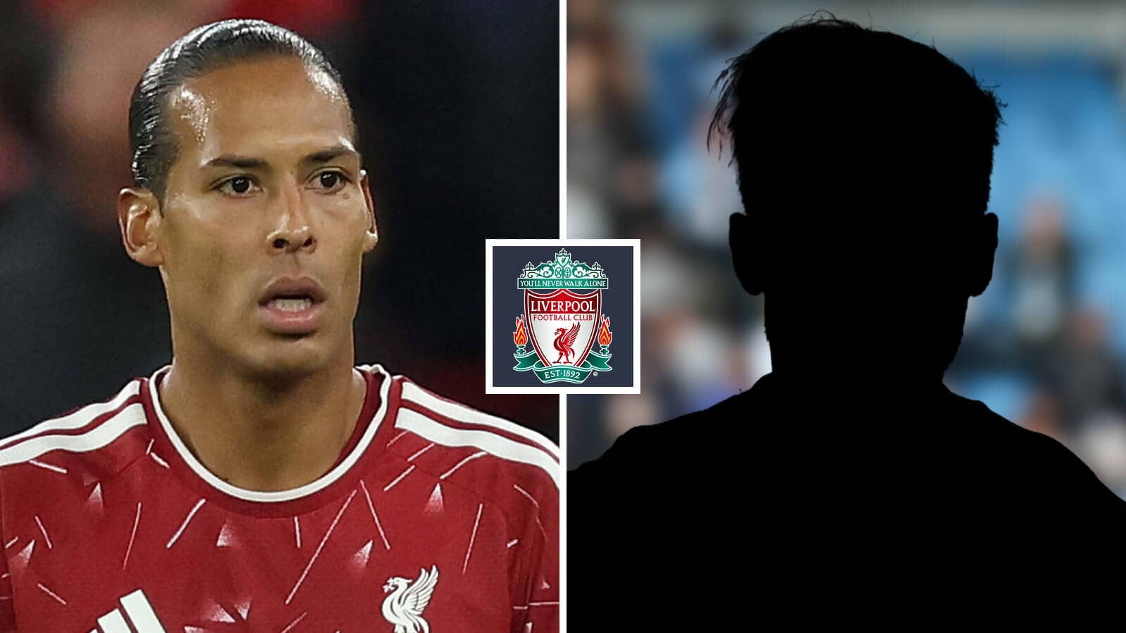 Split image of Liverpool defender Virgil van Dijk and a shadow, with the Liverpool badge in between - copyright TEAMtalk