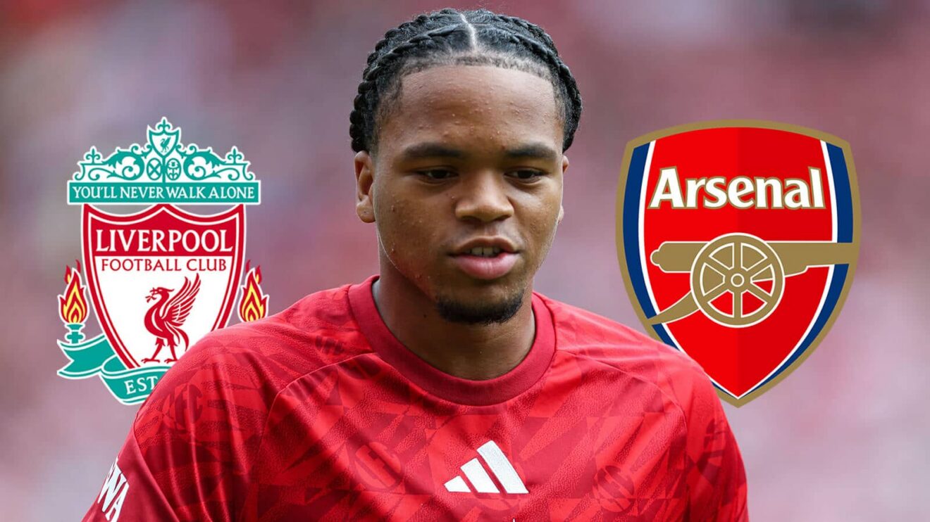 Liverpool star Rio Ngumoha next to his club's badge and rival side Arsenal