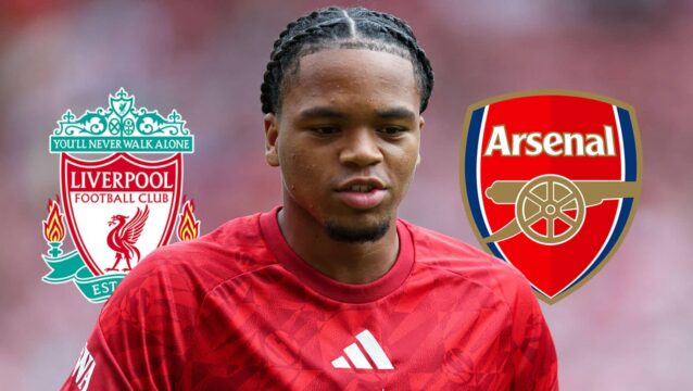 Liverpool star Rio Ngumoha next to his club's badge and rival side Arsenal