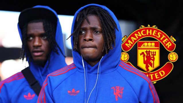 Manchester United stars Ayden Heaven and Patrick Dorgu next to the club badge