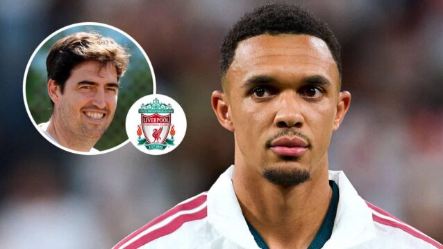 Real Madrid star Trent Alexander-Arnold and, inset, Liverpool boss Andoni Iraola next to the club badge