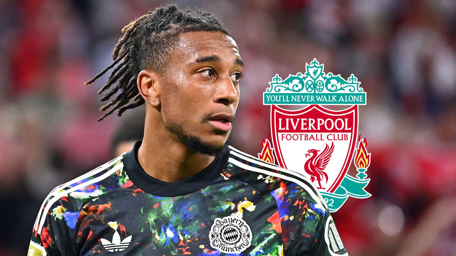 Bayern Munich star Michael Olise next to the Liverpool badge