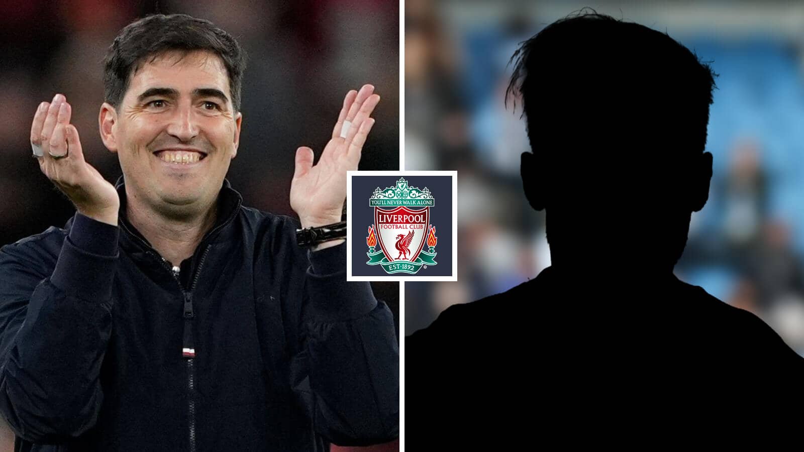 Split image of Liverpool manager Andoni Iraola and a shadow, with the Liverpool badge in between - copyright TEAMtalk