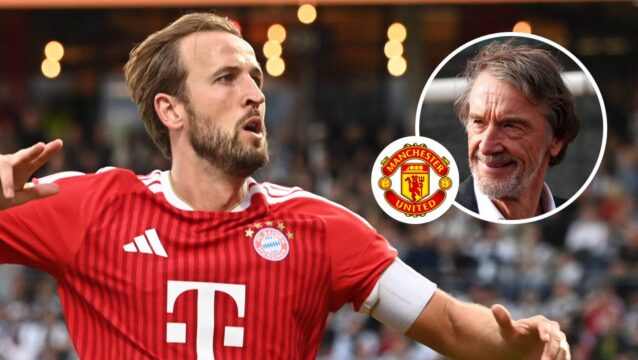Bayern Munich striker Harry Kane, Manchester United badge and Manchester United co-owner Sir Jim Ratcliffe - copyright TEAMtalk