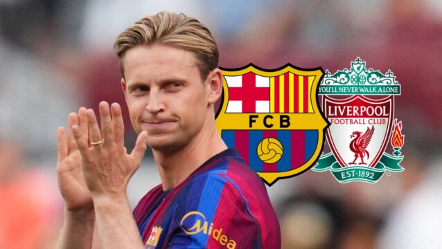 Frenkie De Jong next to the Barcelona and Liverpool badges - copyright TEAMtalk