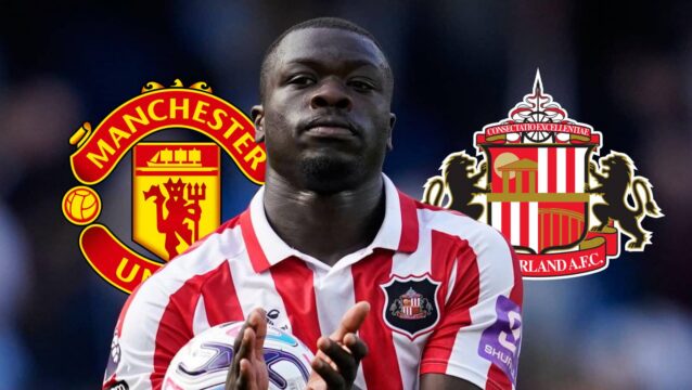 Manchester United badge, Brian Brobbey and Sunderland badge - copyright TEAMtalk