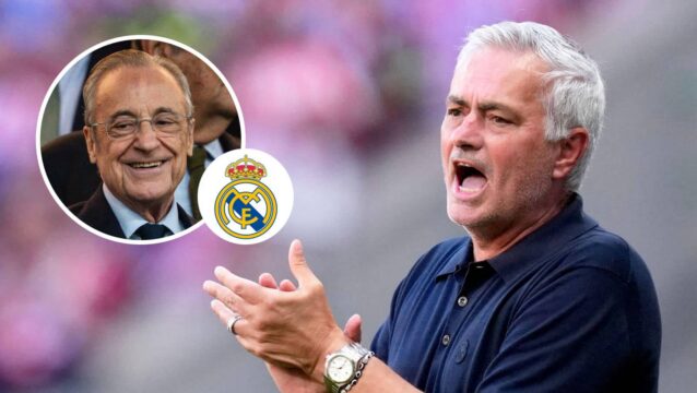 Florentino Perez, Real Madrid badge and Jose Mourinho - copyright TEAMtalk