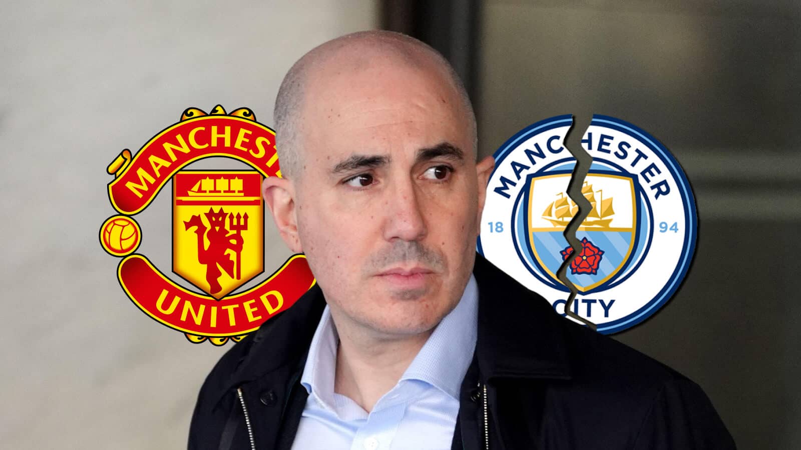 Manchester United badge, Omar Berrada and cracked Manchester City badge - copyright TEAMtalk