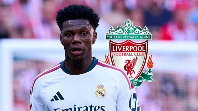 Aurelien Tchouameni with Liverpool badge