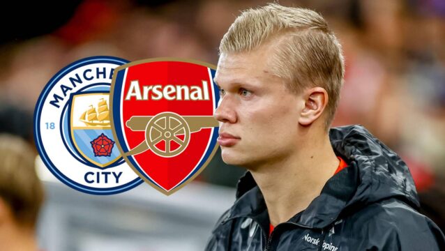 Manchester City striker Erling Haaland next to his club badge and the Arsenal one