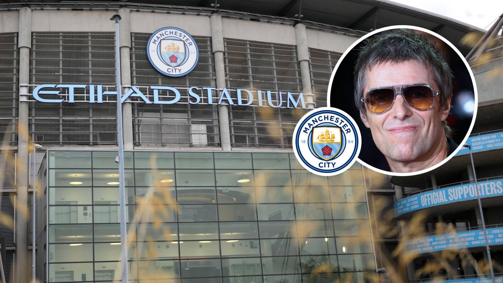Manchester City home ground Etihad Stadium, Manchester City badge and Oasis star Liam Gallagher - copyright TEAMtalk