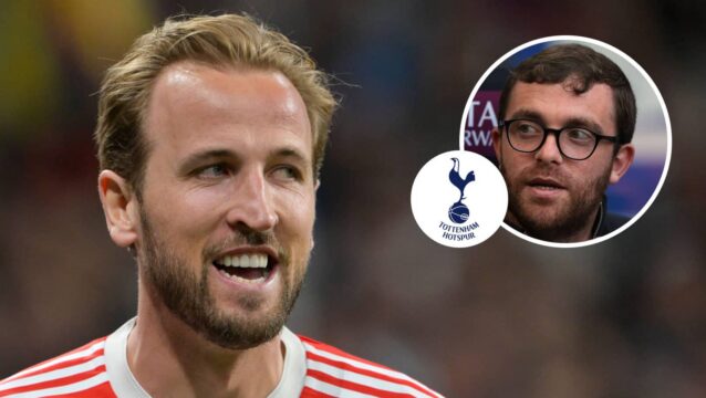Bayern Munich striker Harry Kane, Tottenham Hotspur badge and Fabrizio Romano - copyright TEAMtalk