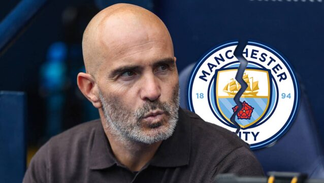Manchester City boss Enzo Maresca next to a cracked club badge - image copyright of TEAMtalk.com