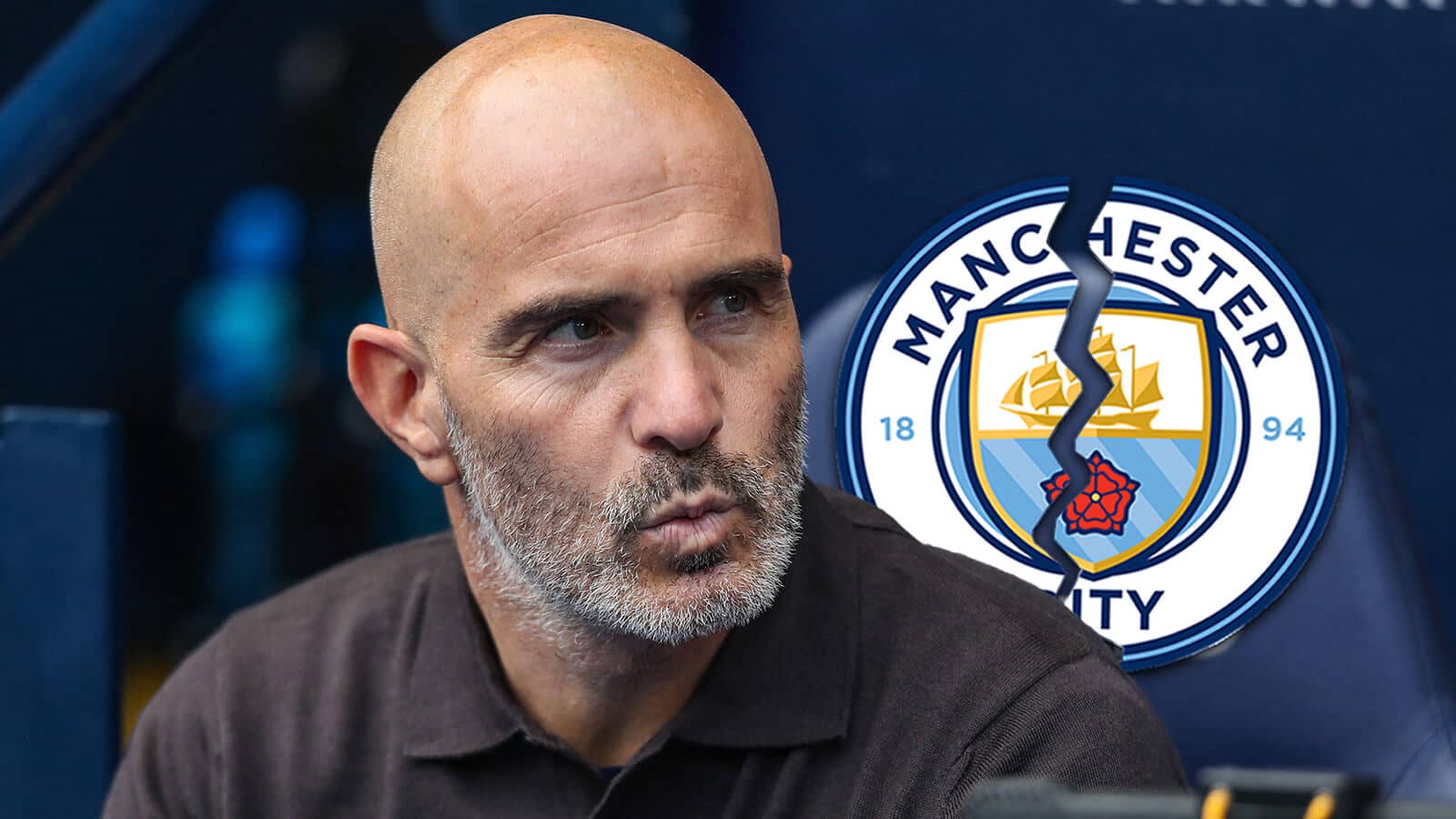 Manchester City boss Enzo Maresca next to a cracked club badge - image copyright of TEAMtalk.com
