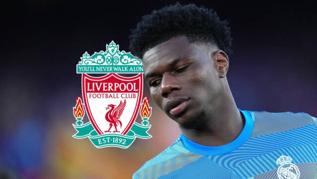 Real Madrid star Aurelien Tchouameni with Liverpool badge