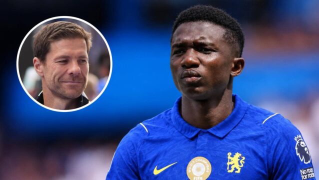 Chelsea boss Xabi Alonso, inset, next to Monaco star Lamine Camara with a Chelsea shirt Photoshopped on him
