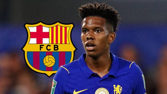 Chelsea star Estevao with a Barcelona badge