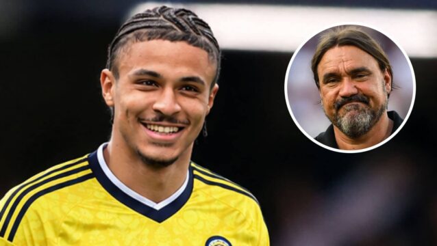Leeds' summer signing Jean-Matteo Bahoya and, inset, Leeds boss Daniel Farke