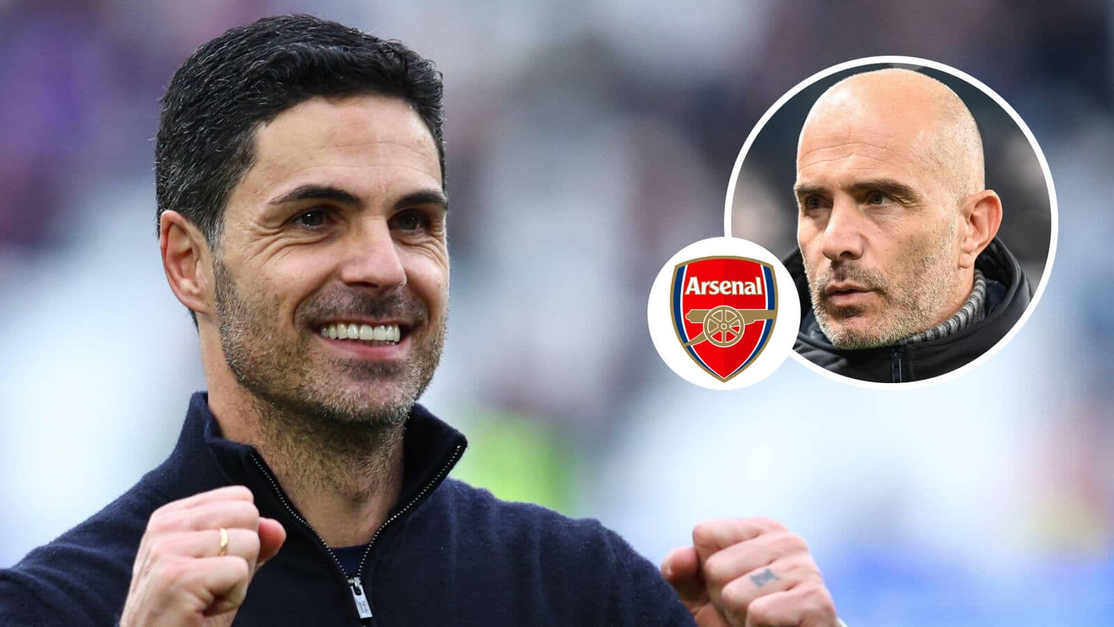 Mikel Arteta, Arsenal badge and Manchester City manager Enzo Maresca - copyright F365