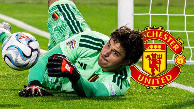 Senne Lammens for Belgium next to the Manchester United badge - copyright TEAMtalk
