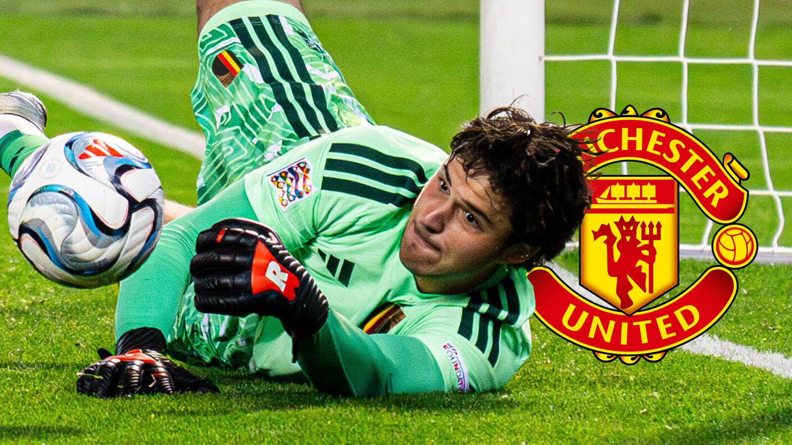 Senne Lammens for Belgium next to the Manchester United badge - copyright TEAMtalk