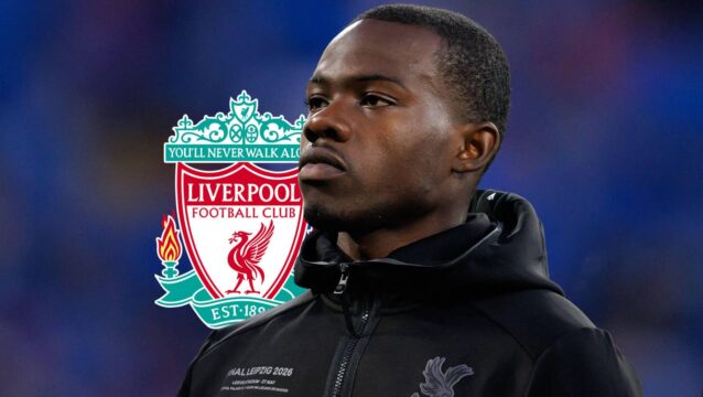 Crystal Palace star Tyrick Mitchell next to the Liverpool badge