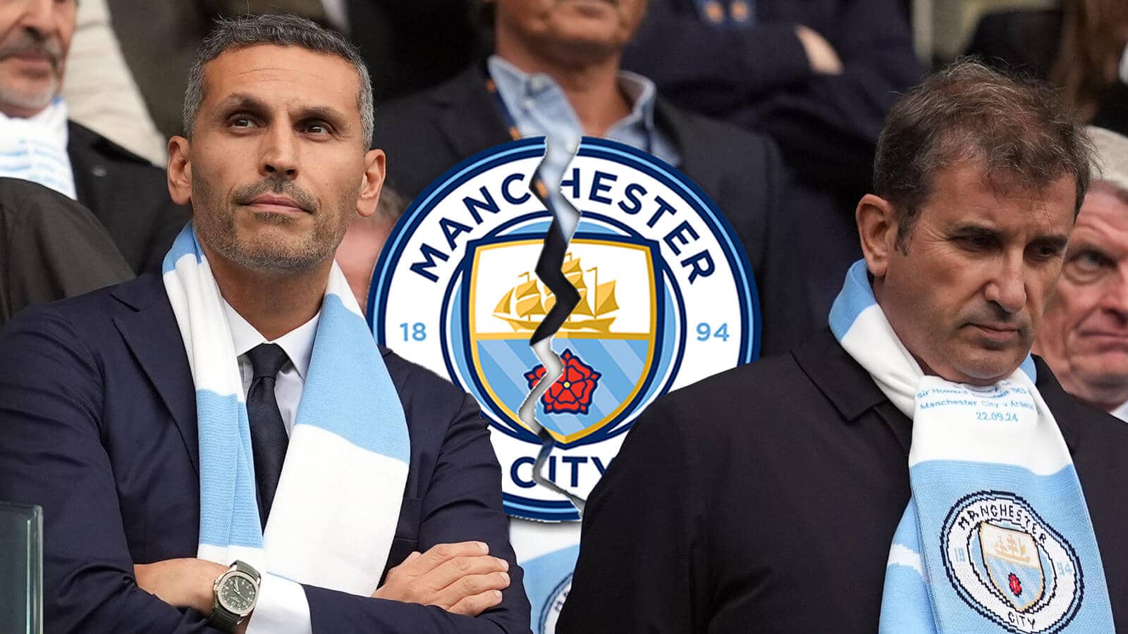 Man City Khaldoon Al Mubarak and chief executive Ferran Soriano next to a cracked Manchester City badge
