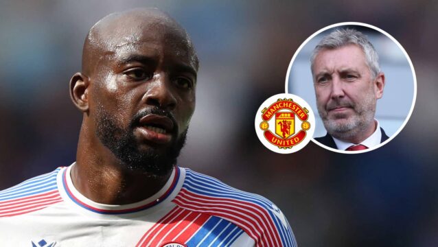 Crystal Palace striker Jean-Philippe Mateta and, inset, Manchester United director of football Jason Wilcox next to the club badge
