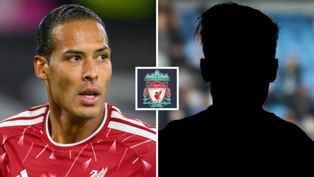 Split image of Liverpool defender Virgil van Dijk and a shadow, with the Liverpool badge in between - copyright TEAMtalk