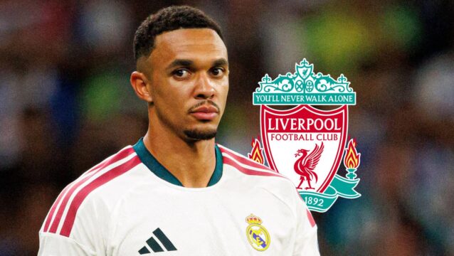 Real Madrid star Trent Alexander-Arnold next to the Liverpool badge