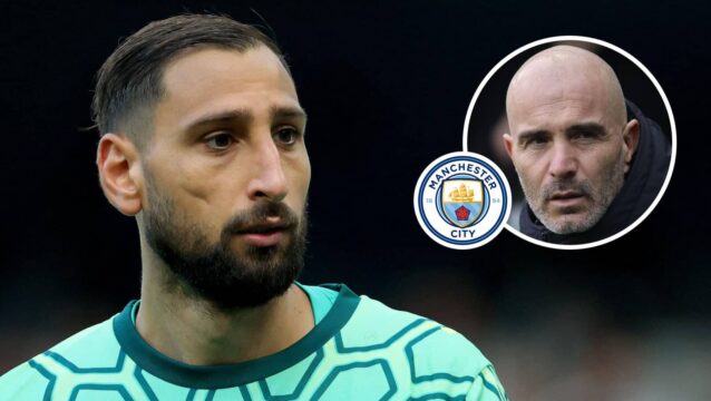 Goalkeeper Gianluigi Donnarumma next to, inset Man City manager Enzo Maresca and the club badge