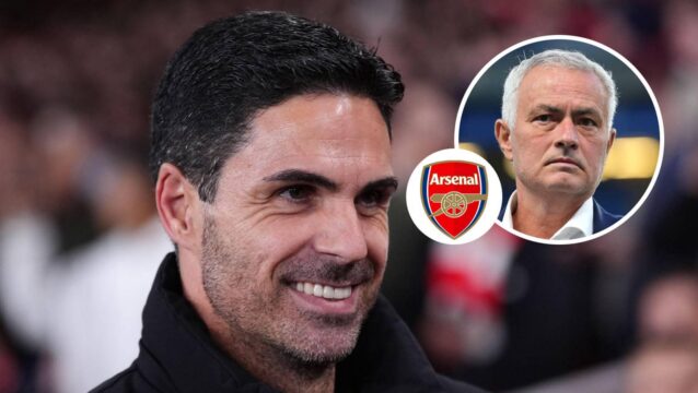 Arsenal manager Mikel Arteta, with the Arsenal badge in between and Real Madrid boss Jose Mourinho - copyright TEAMtalk