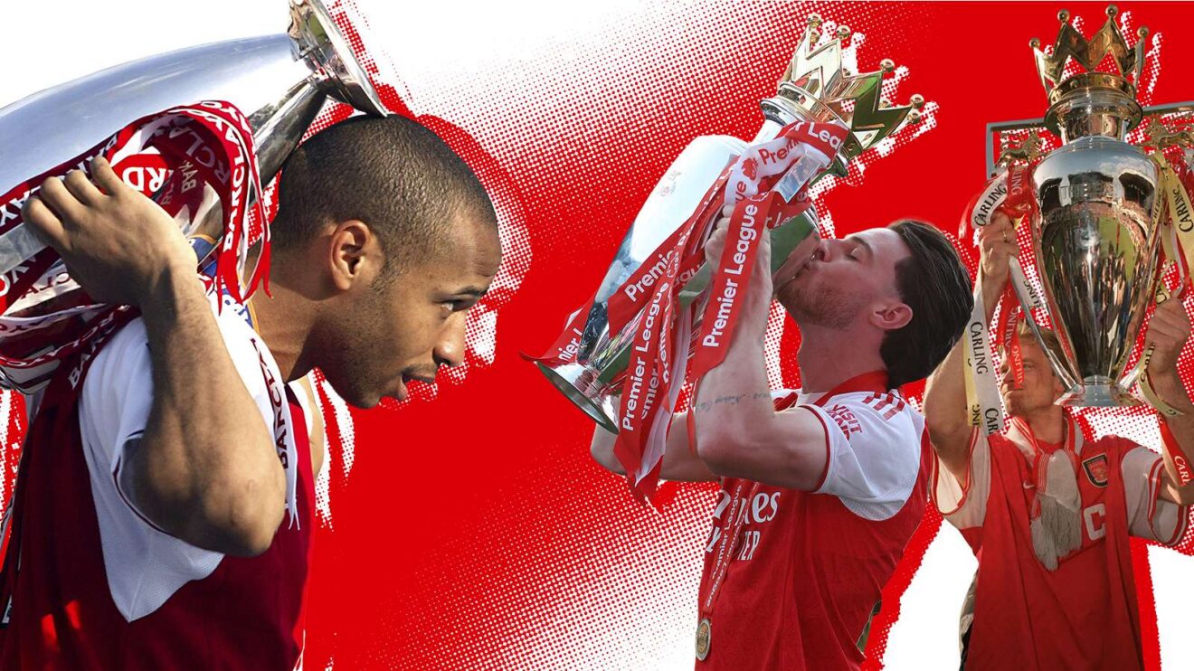 Arsenal best transfers graphic with Thierry Henry, Declan Rice and Dennis Bergkamp