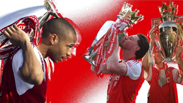 Arsenal best transfers graphic with Thierry Henry, Declan Rice and Dennis Bergkamp