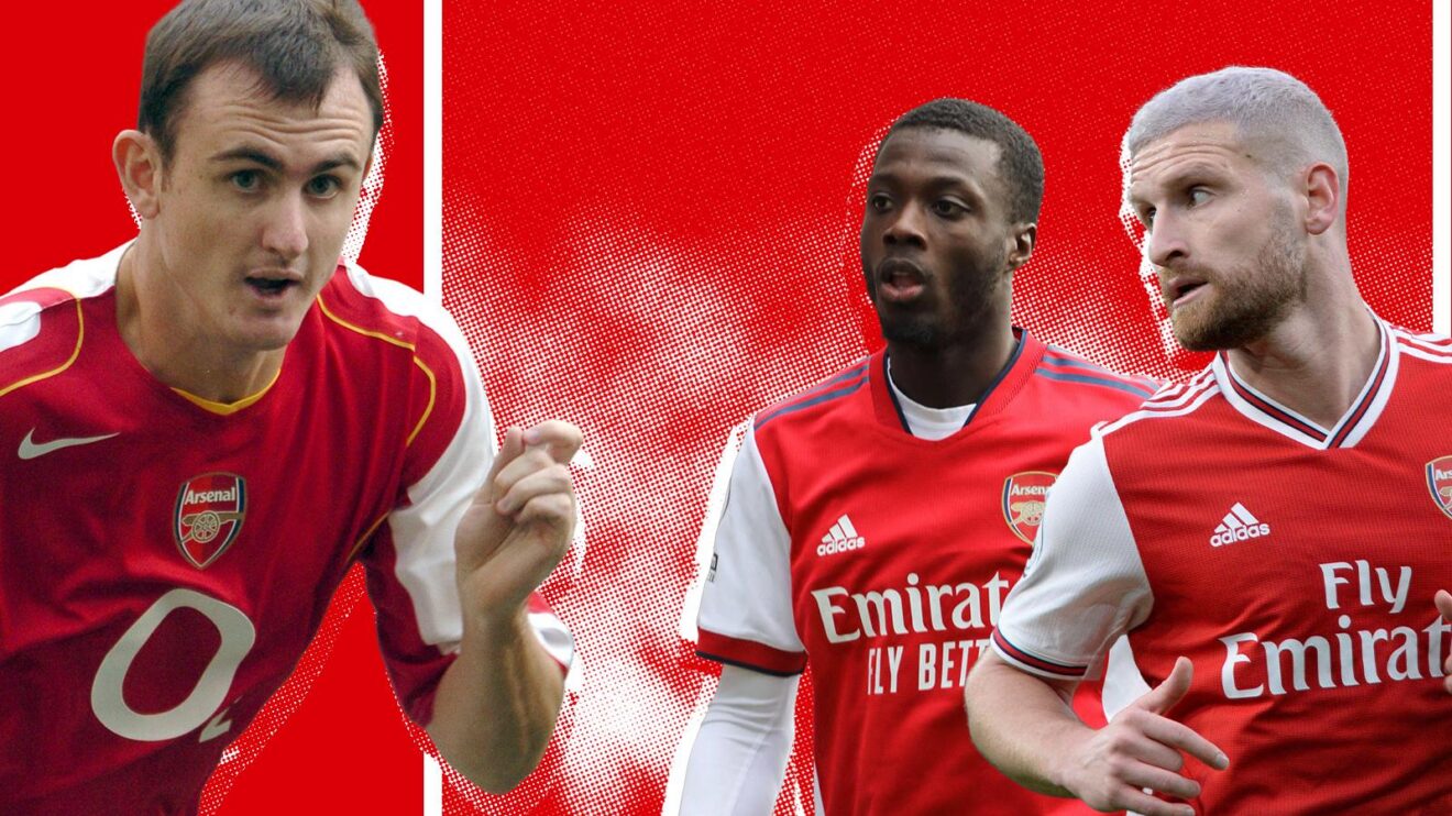 Arsenal worst signings graphic with Francis Jeffers, Nicolas Pepe and Shkodran Mustafi