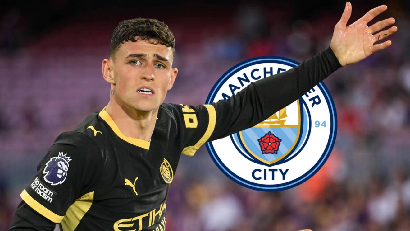 Manchester City star Phil Foden next to the club badge