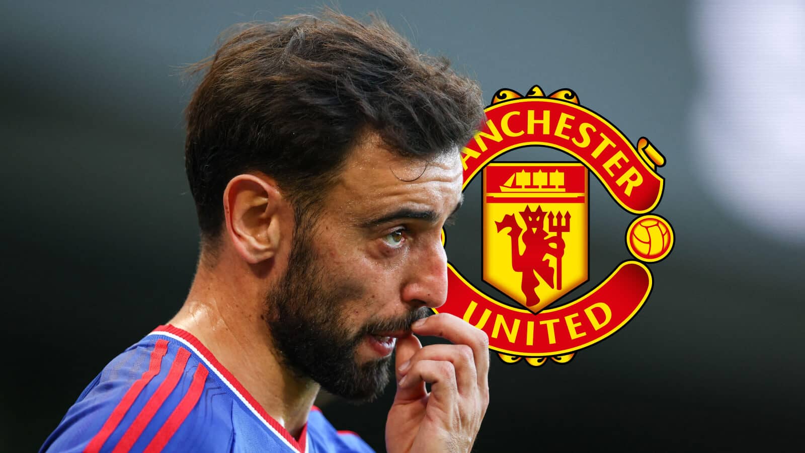 Man Utd superstar Bruno Fernandes next to Man Utd badge - copyright TEAMtalk