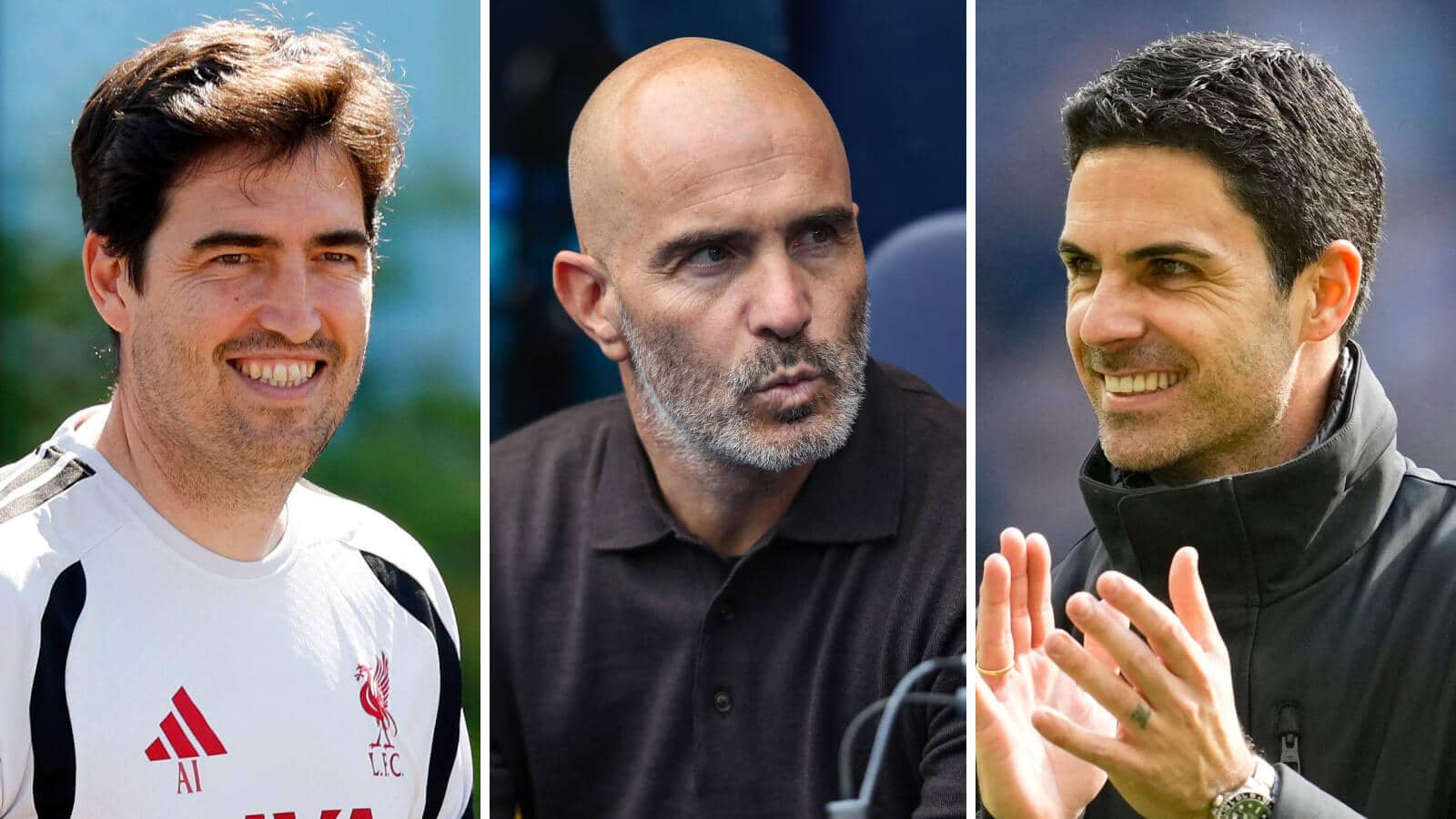 Liverpool boss Andoni Iraola, Enzo Maresca of Manchester City and Mikel Arteta of Arsenal