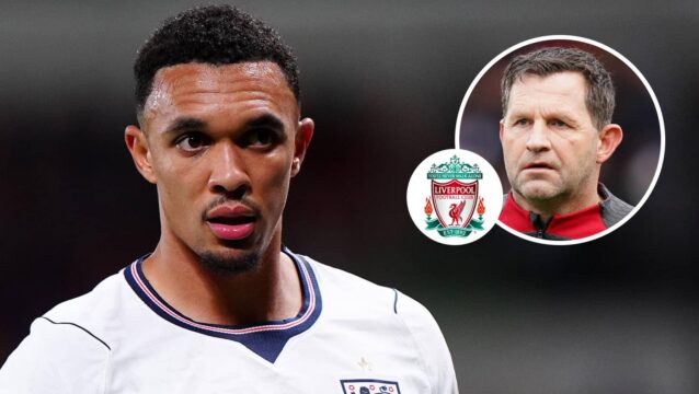 Real Madrid and England star Trent Alexander-Arnold, Liverpool badge and former Liverpool coach John Achterberg - copyright TEAMtalk